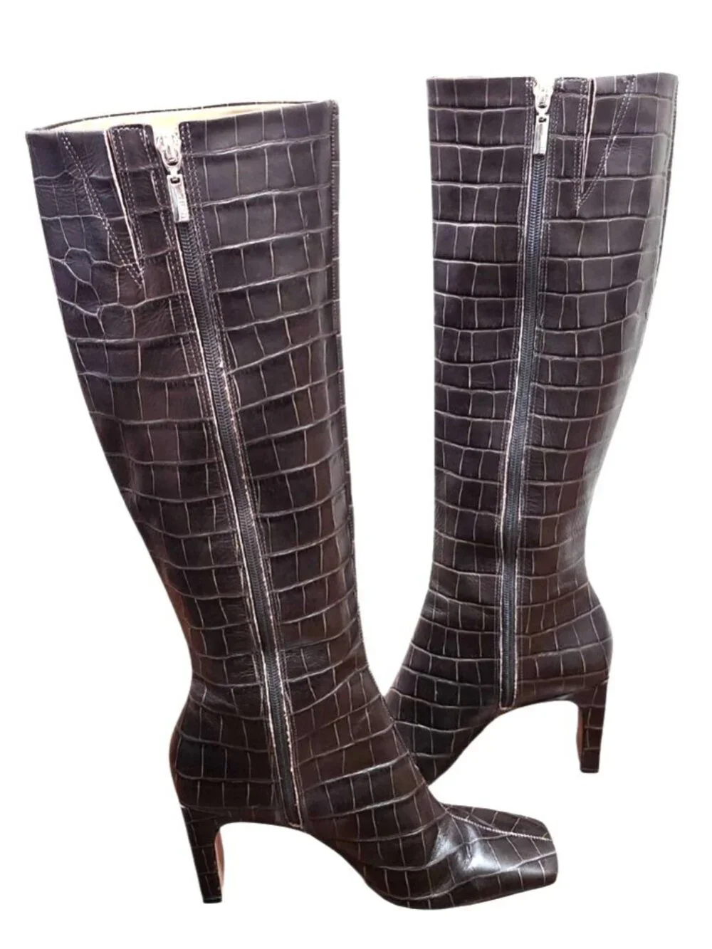 SCHUTZ Brown Croc Embossed Leather Knee High Boots Square Toe 6.5B Brazil